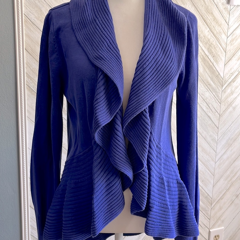 Rafaella Royal Blue Ribbed Ruffle Cardigan Sweater